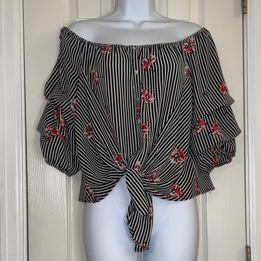 Elegant Off-Shoulder Striped Blouse with Red Floral Design with gathered sleeve.